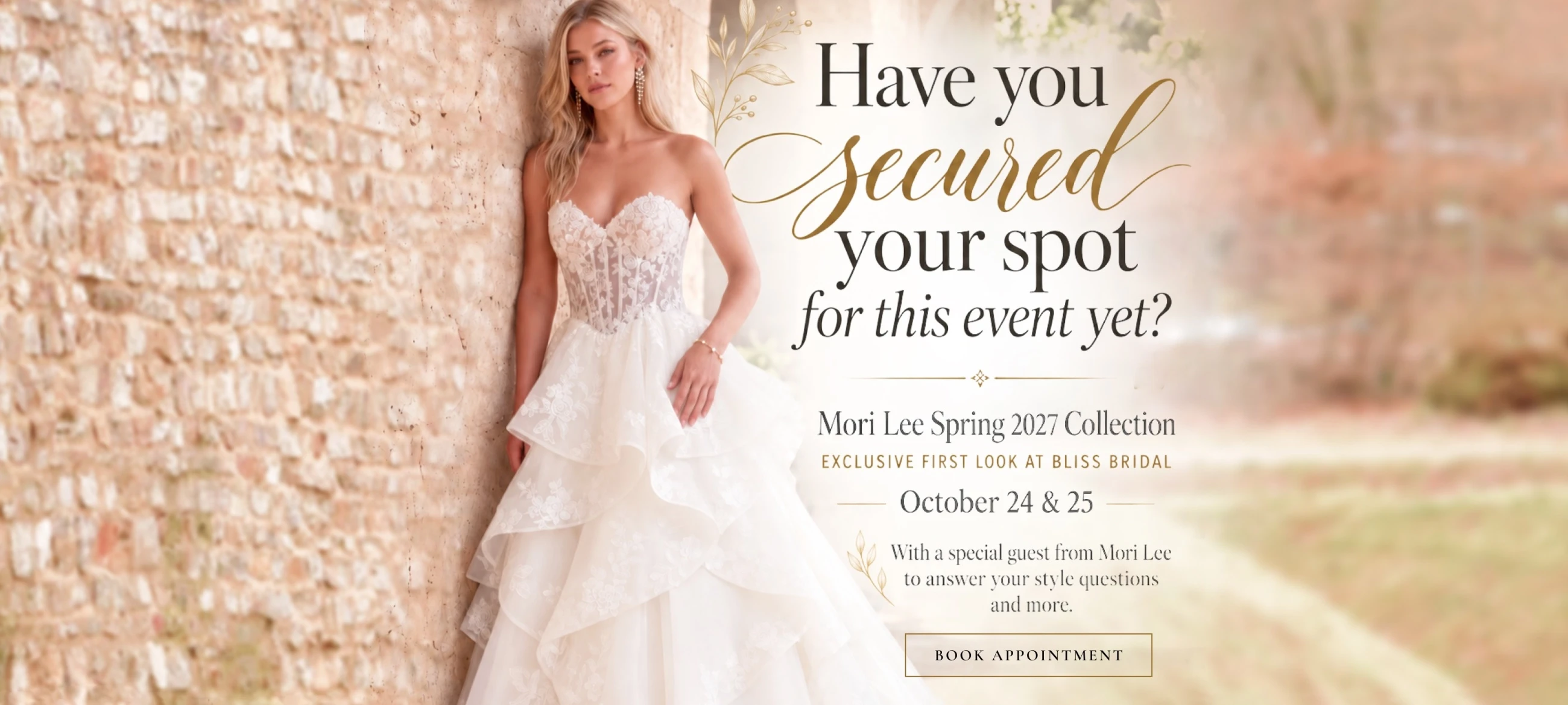Mori Lee Spring 2027 Trunk Show Desktop Banner